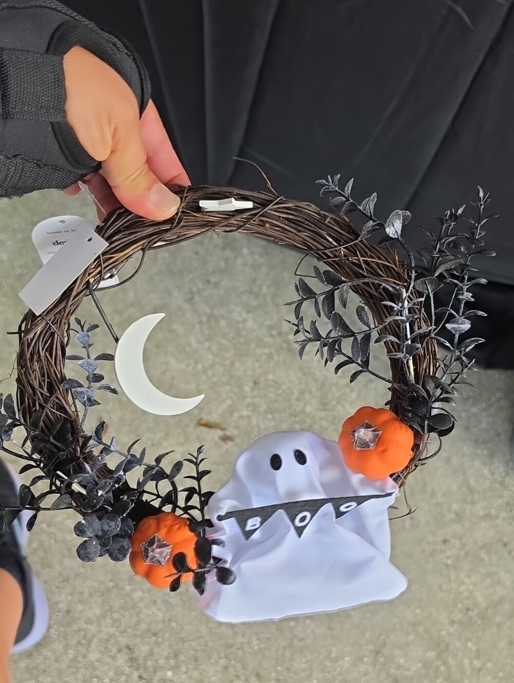 Halloween Ghost Wreath with Orange Pumpkins and Crescent Moon - Home Accents